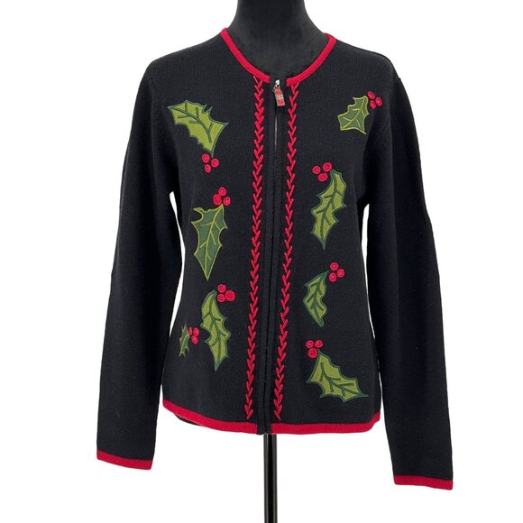 Charter Club Christmas Sweater Womens MP Lambswool Black Holly Embroidery‎ Zip - Picture 1 of 7